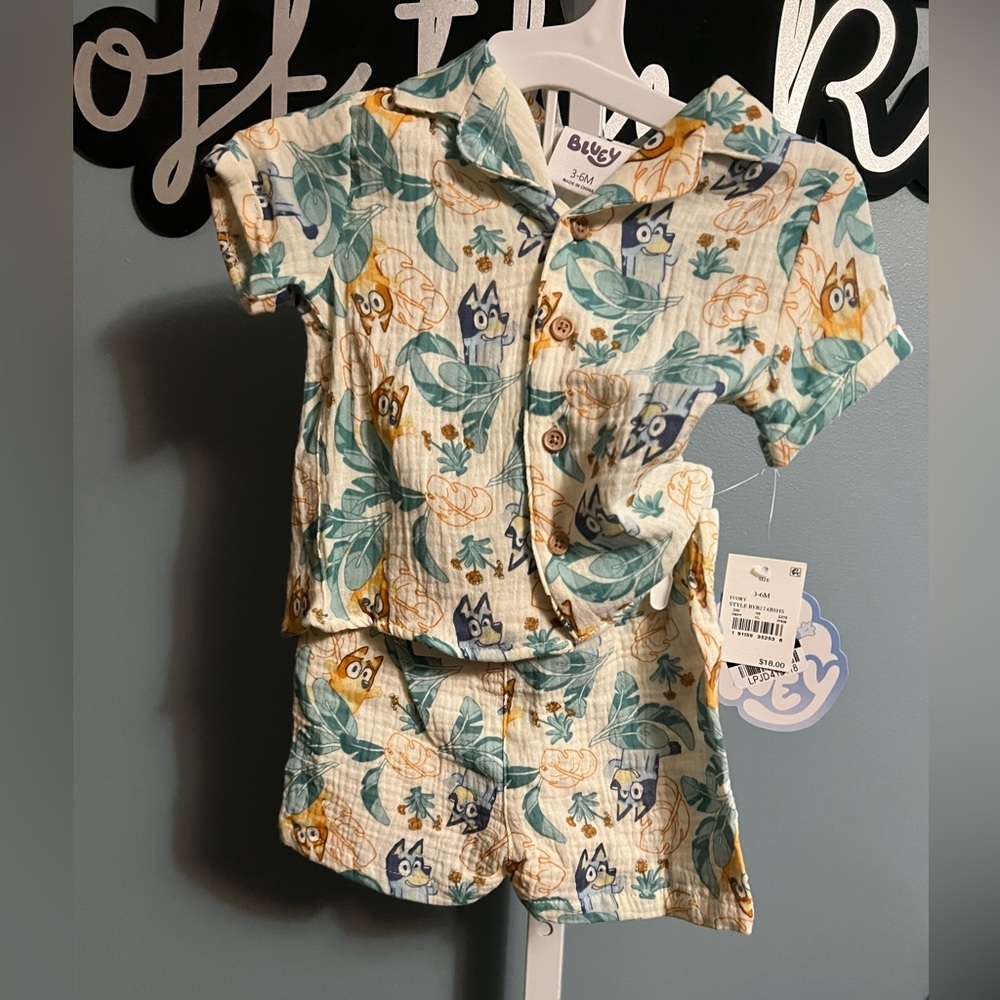 Bluey Bingo Tropical Button Down & Shorts 2 Piece Set NWT